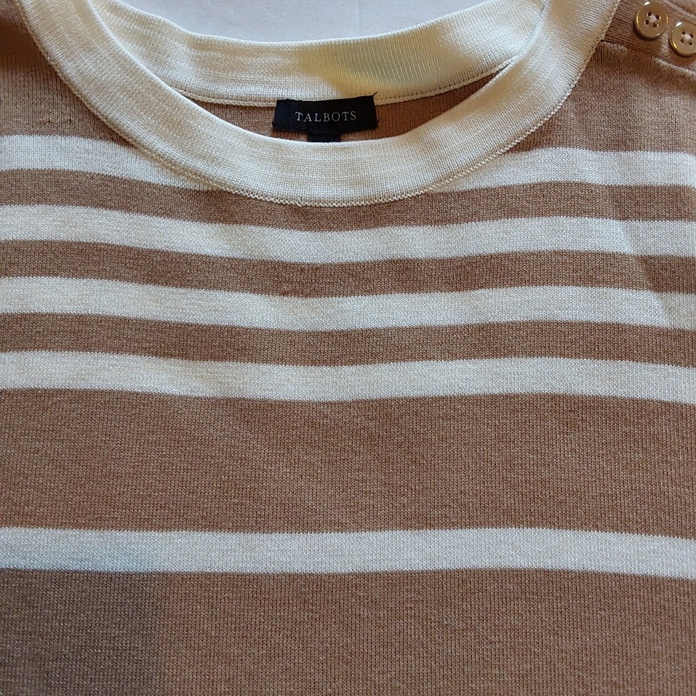 Talbots Women's Tan & White Stripe ShortSleeve Stretch Top Sweater Blouse Size S